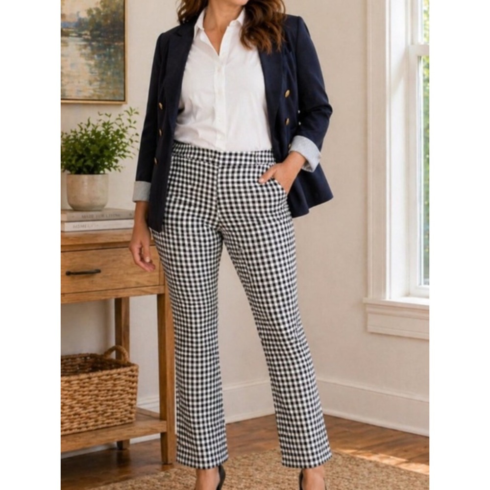 J. McLaughlin Navy White Gingham Check Slim Leg Pants Womens Size 8 Preppy